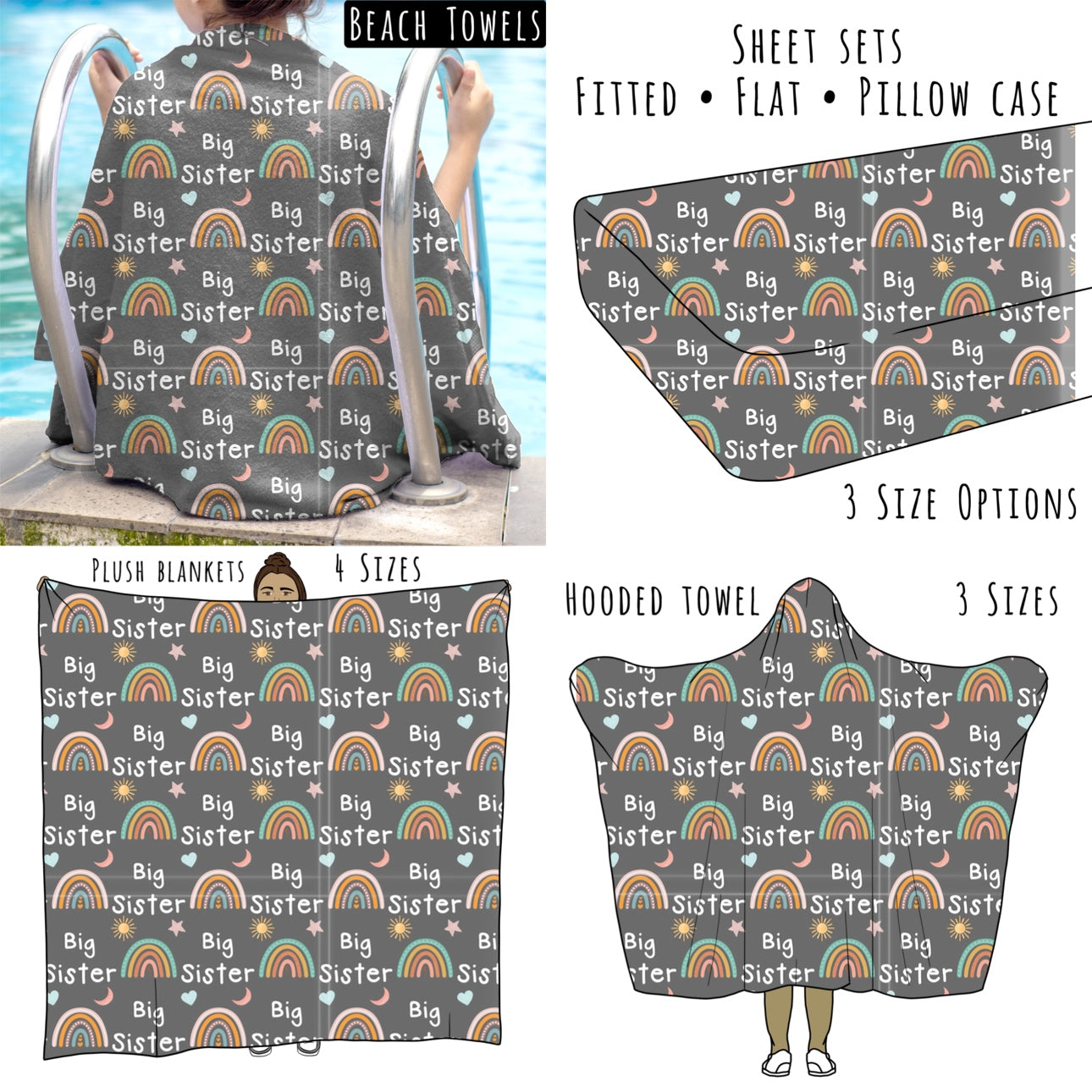 Big Sister Rainbows Personalized Items ~ Sheets, Pillowcases, Blankets, Towels ~