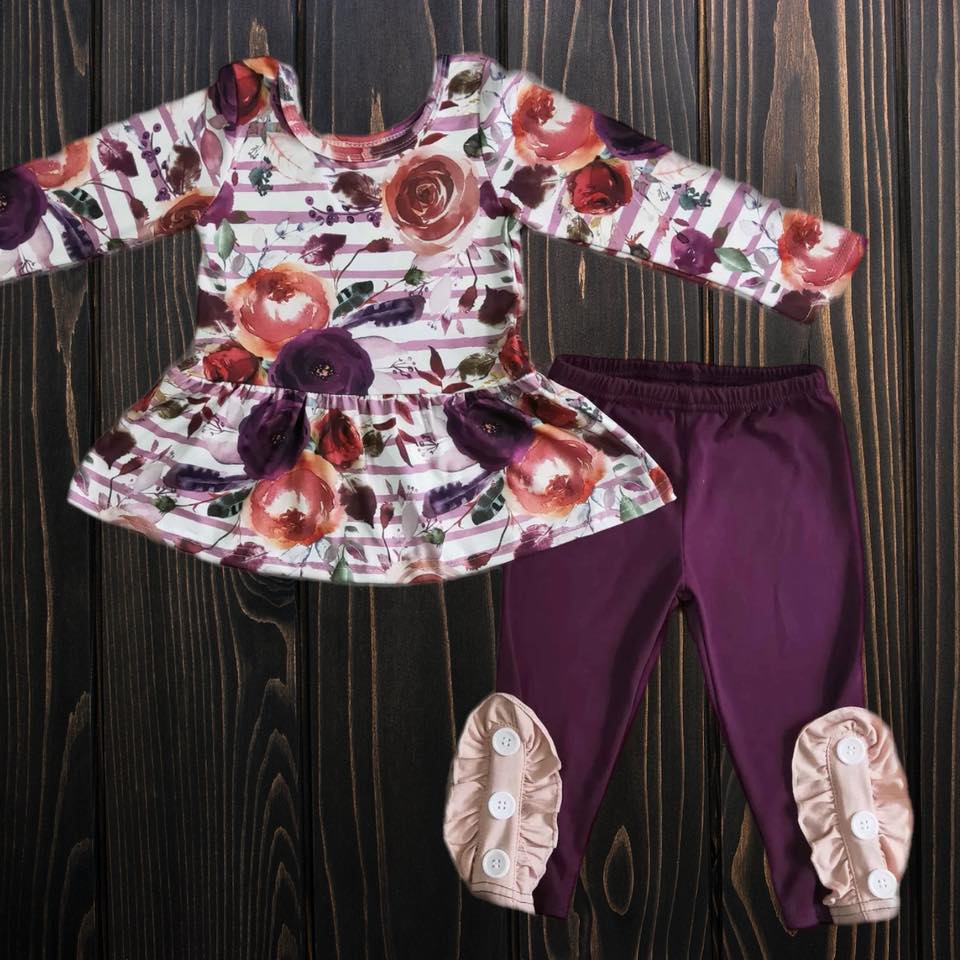 2T 4T 7-8 10-12 Plum Floral Peplum & Leggings Set: Ready to Ship *SALE*