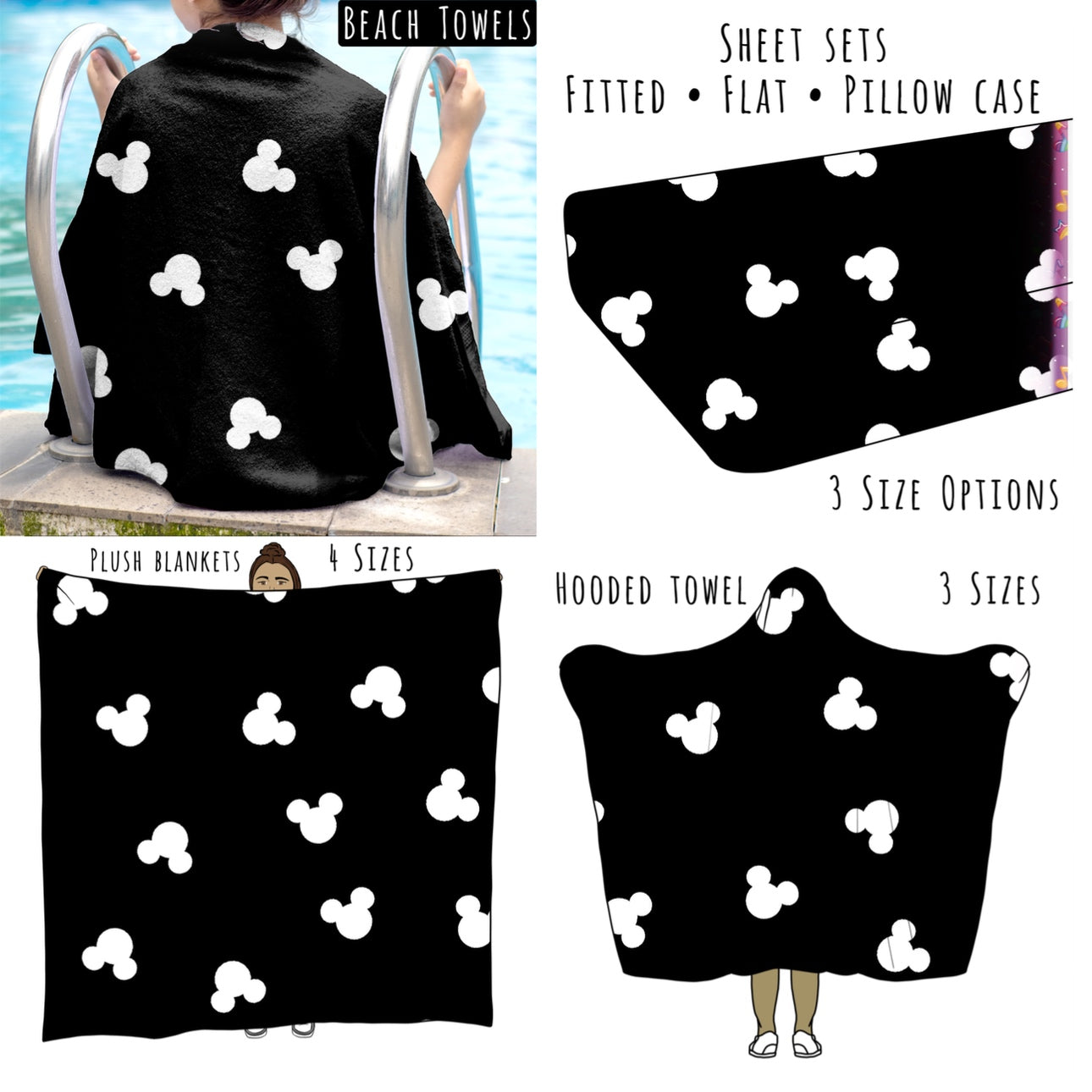 Black with White Magical Heads Personalized Items ~ Sheets, Pillowcases, Blankets, Towels ~