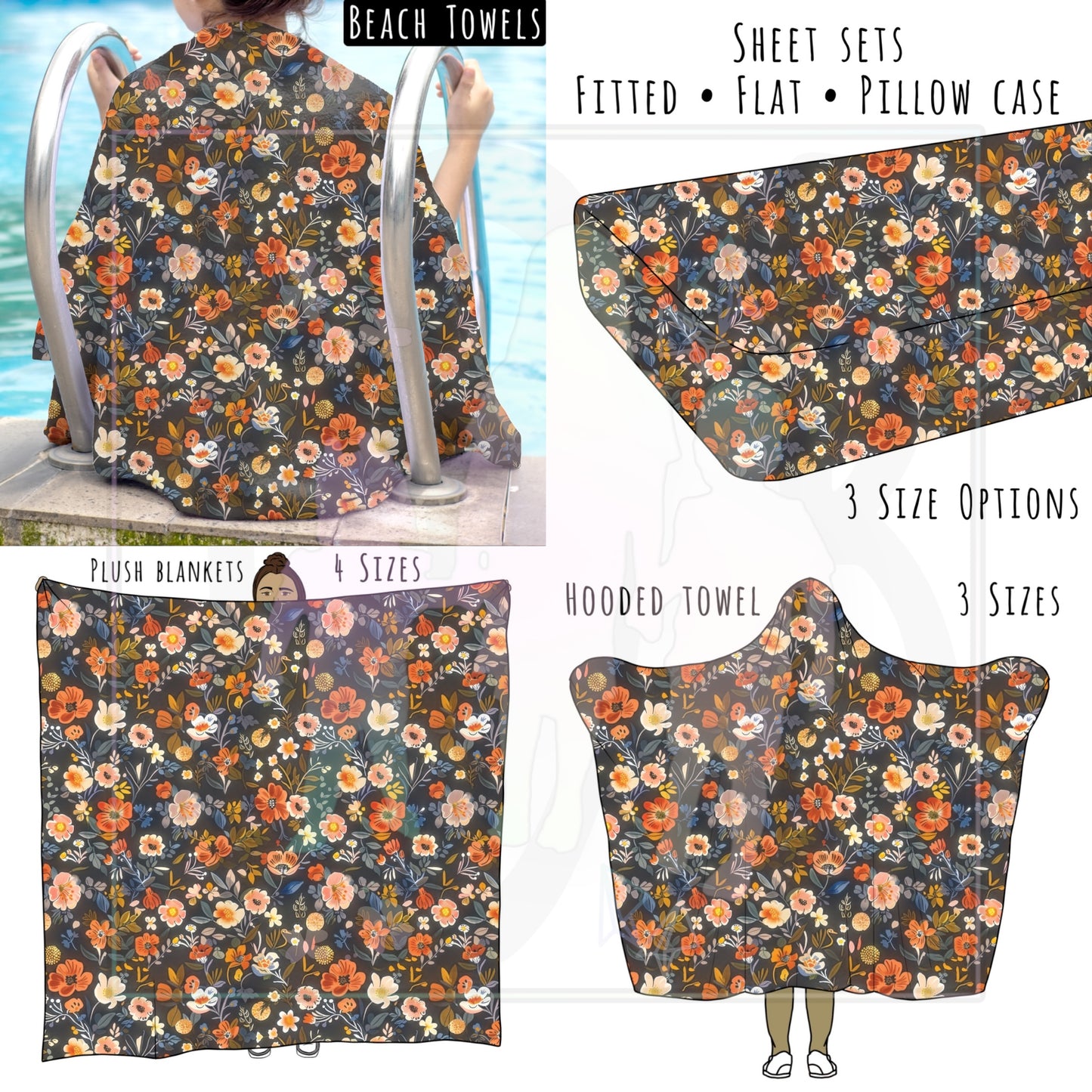 Fall Florals Navy and Orange Personalized Items ~ Sheets, Pillowcases, Blankets, Towels ~