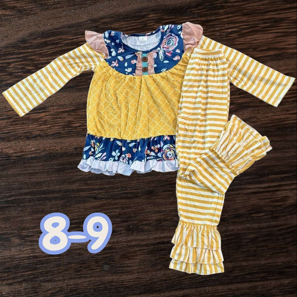 8-9 (loose fitting) Floral and Stripes Ruffle Set *CLOSEOUT*