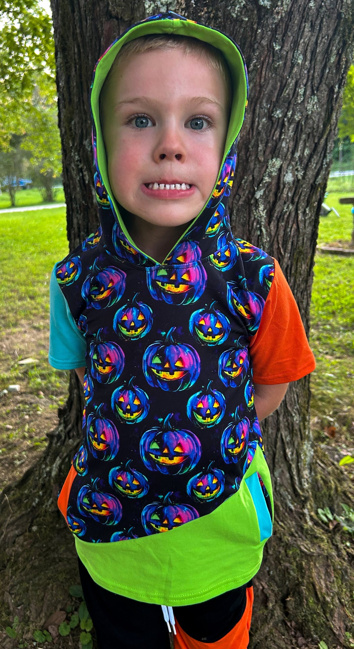 5-6 (2) 6-7 7-8 10-12 Neon Pumpkin Hooded Pocket Tee Exclusive *Ready to Ship!*