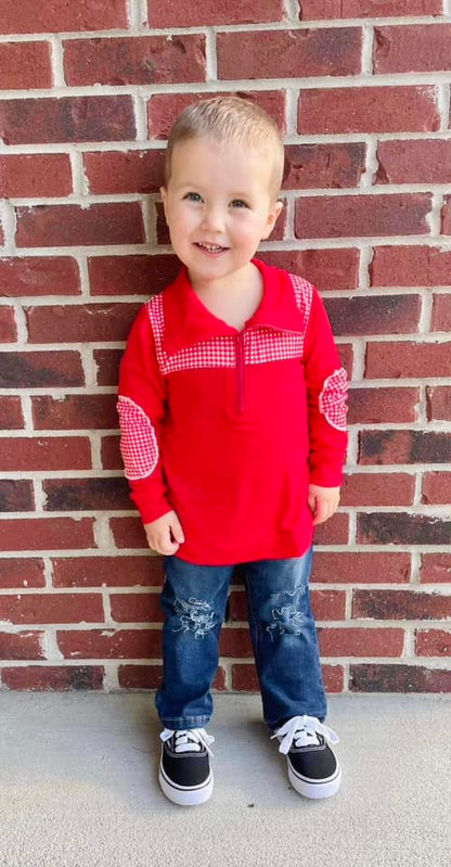 ᴡᴇᴇᴋʟʏ ᴘʀᴇ ᴏʀᴅᴇʀ Pullover- Red Plaid with Elbow Patches Quarter Zip