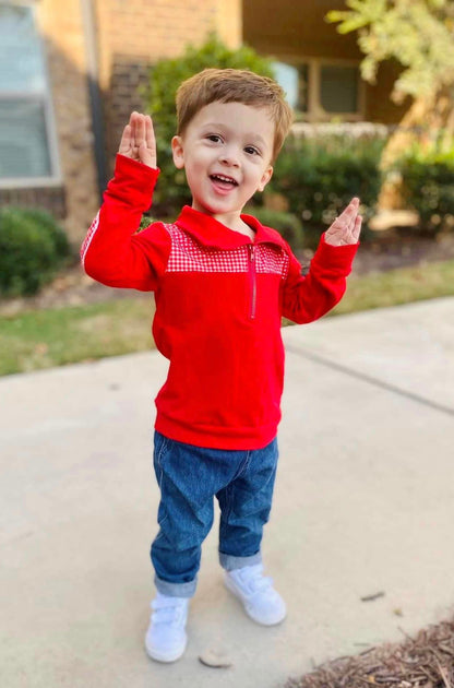 ᴡᴇᴇᴋʟʏ ᴘʀᴇ ᴏʀᴅᴇʀ Pullover- Red Plaid with Elbow Patches Quarter Zip