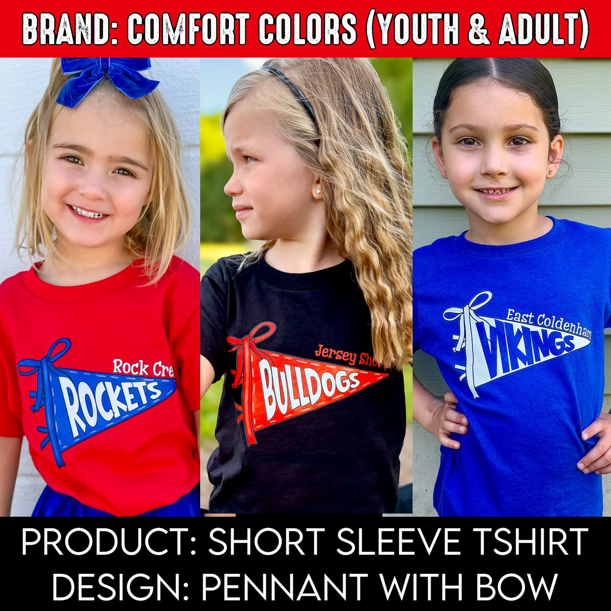 Pennant With Bow | Brand: Comfort Colors | Put team name/info & SIZE in note box!! | Youth & Adult Sizes