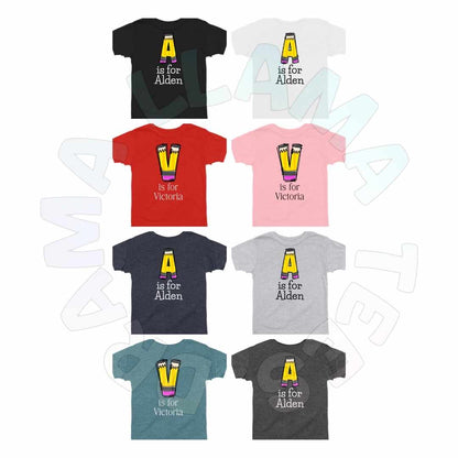 ✨Drama Llama Original✨ 
Back to School Pencil “*Letter* is for *Name*”Tees *multiple color options* Any Initial