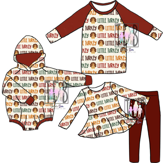 Little Turkey Hooded Romper, Raglan, Peplum Set (& stockings!): TDB Exclusive Pre-Order (LIMITED TO 10 Each Style!))