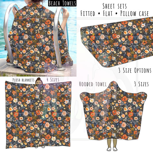 Fall Florals Navy and Orange Personalized Items ~ Sheets, Pillowcases, Blankets, Towels ~