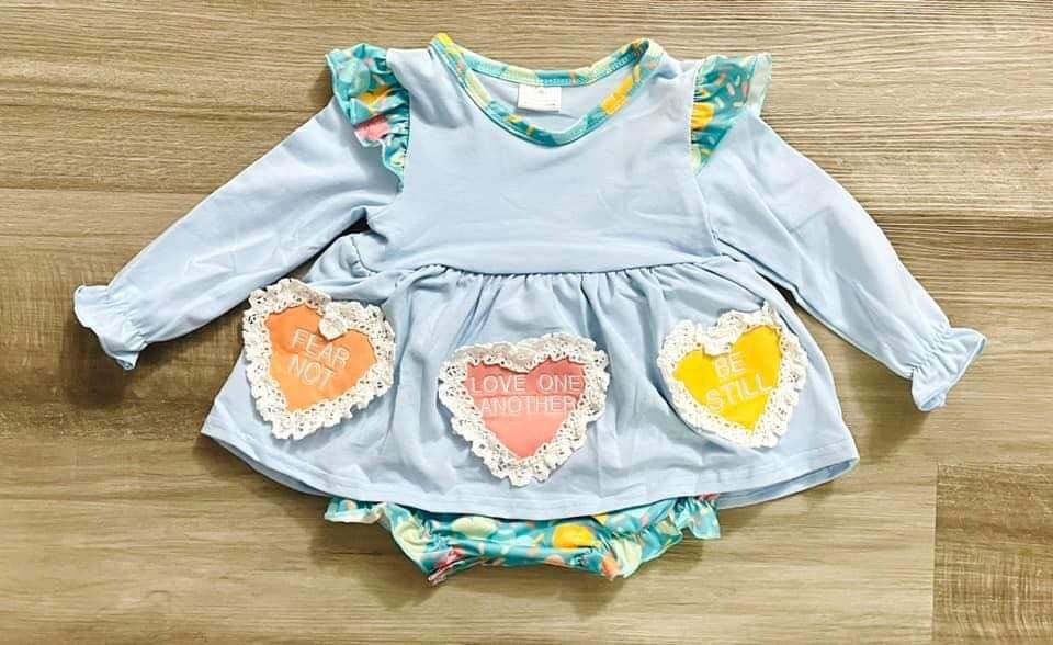 12mo   Embroidered Love and Affirmations Skirted Romper  *CLOSEOUT SALE*