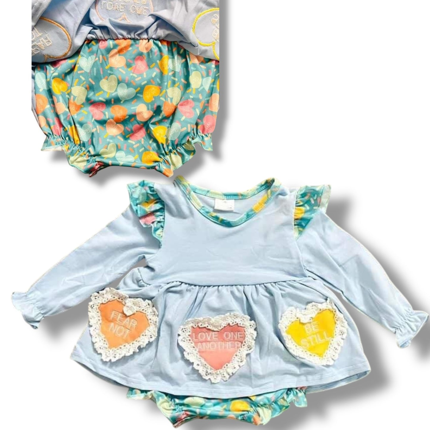 12mo   Embroidered Love and Affirmations Skirted Romper  *CLOSEOUT SALE*