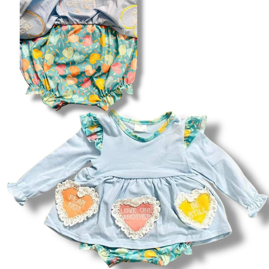 12mo   Embroidered Love and Affirmations Skirted Romper  *CLOSEOUT SALE*